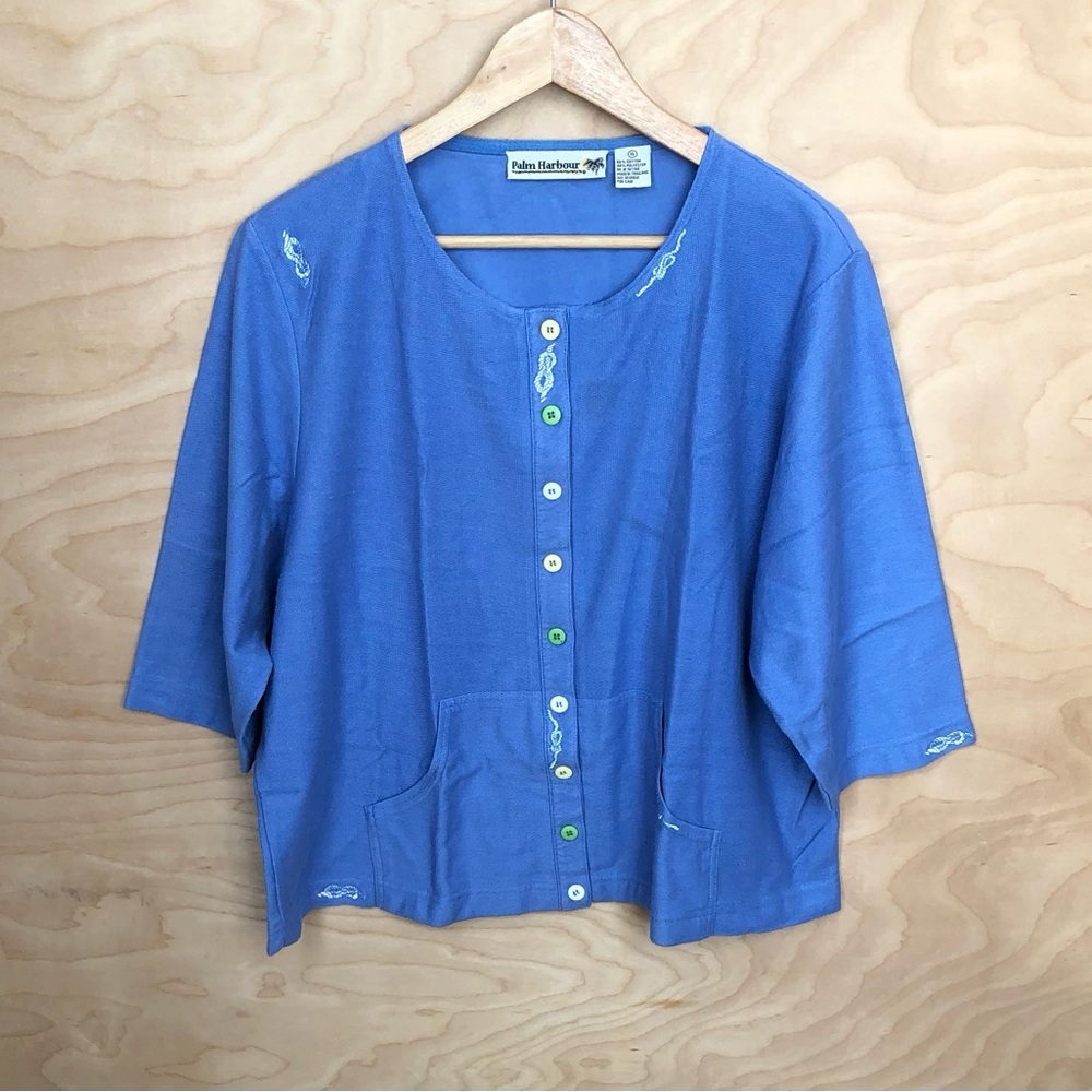 Vtg Palm Harbour Cardigan Sweater Blue Quater Sleeve Embroidery Womens XL.